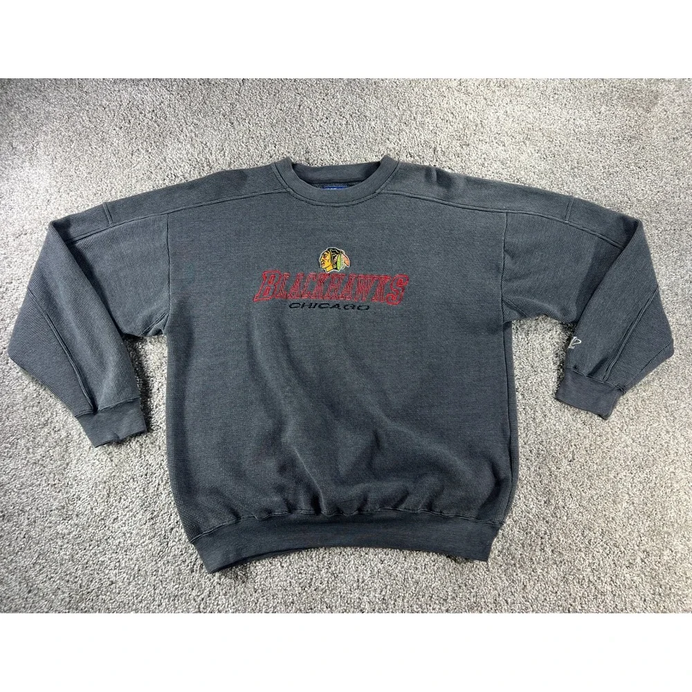 Vintage Logo Athletic Chicago Blackhawks NHL Sweatshirt Mens Large Gray